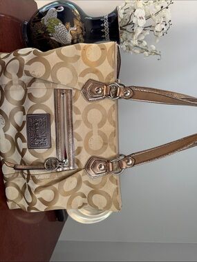 Coach Beige Signature Canvas Tote with Metallic Bronze Trim